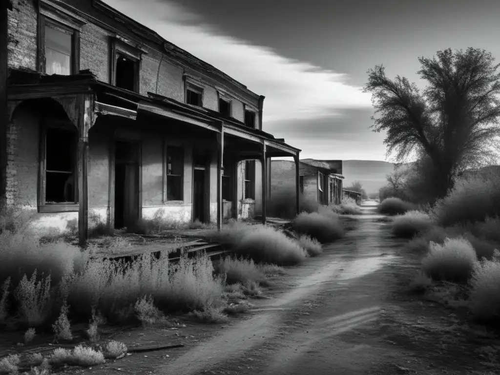 Una fotografía en blanco y negro de una calle desierta en un pueblo fantasma abandonado, con edificios en ruinas y vegetación desbordante. Evoca una sensación de quietud espeluznante y el paso del tiempo, capturando la atmósfera inquietante de una comunidad una vez próspera