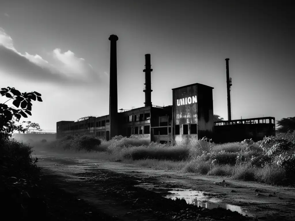 Una fotografía en blanco y negro muestra la desolación de la planta abandonada de pesticidas Union Carbide en Bhopal, India. <b>La imagen captura la atmósfera inquietante con la vegetación sobrepasando las estructuras oxidadas.</b> En primer plano, se ve un letrero desolado con el nombre de la