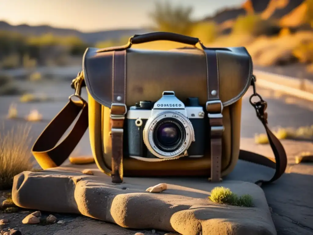 Una bolsa de cámara desgastada en un pueblo fantasma, equipada con equipos para explorar ciudades fantasma, bañada por la cálida luz del atardecer.