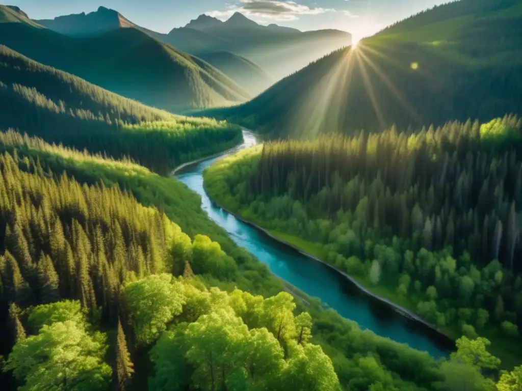 Un bosque exuberante en Montana donde la naturaleza reclama su territorio, con árboles imponentes, follaje vibrante y un sinuoso río. La luz del sol crea un juego hipnotizante de luces y sombras.