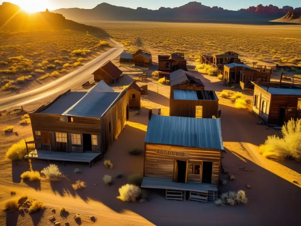 La cálida luz del atardecer ilumina Goldfield pueblo fantasma, revelando su atmósfera de abandono y nostalgia en el desierto.