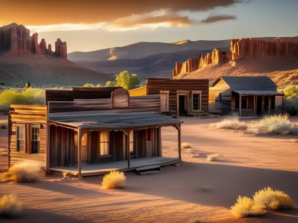 La cálida luz del atardecer ilumina la ciudad fantasma Grafton en Utah, revelando restos de set de cine entre edificios abandonados.