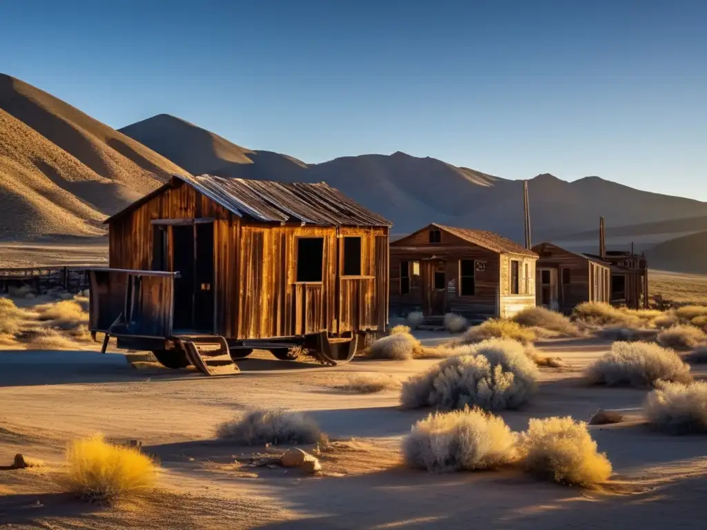 La cálida luz dorada del atardecer ilumina los edificios abandonados del pueblo fantasma Cerro Gordo, California, creando una atmósfera desoladora.