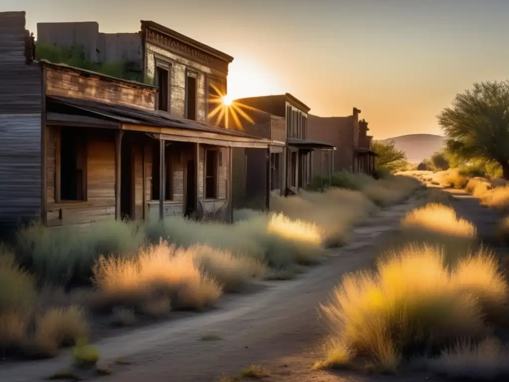 Una fotografía sepia de una calle abandonada en una ciudad fantasma, con edificios en ruinas y vegetación desbordante. El sol se pone, derramando una cálida luz sobre la escena desierta, evocando nostalgia y misterio, invitando a explorar las tradiciones perdidas de las