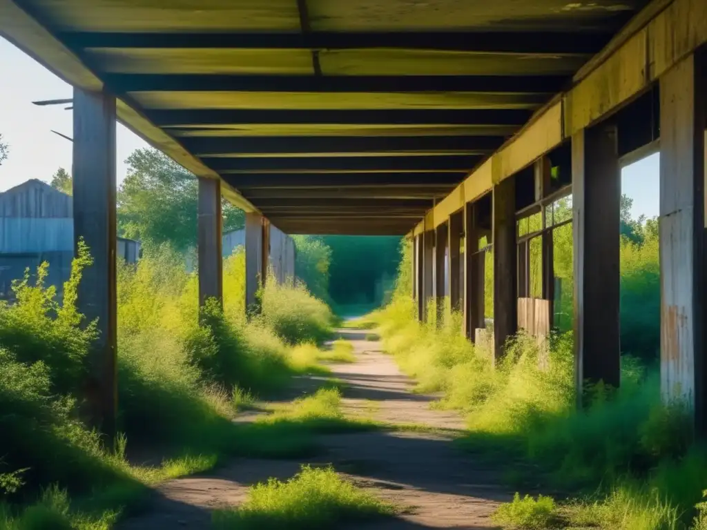 Una calle abandonada y cubierta de vegetación en una ciudad fantasma, evocando la conservación y el viajar.