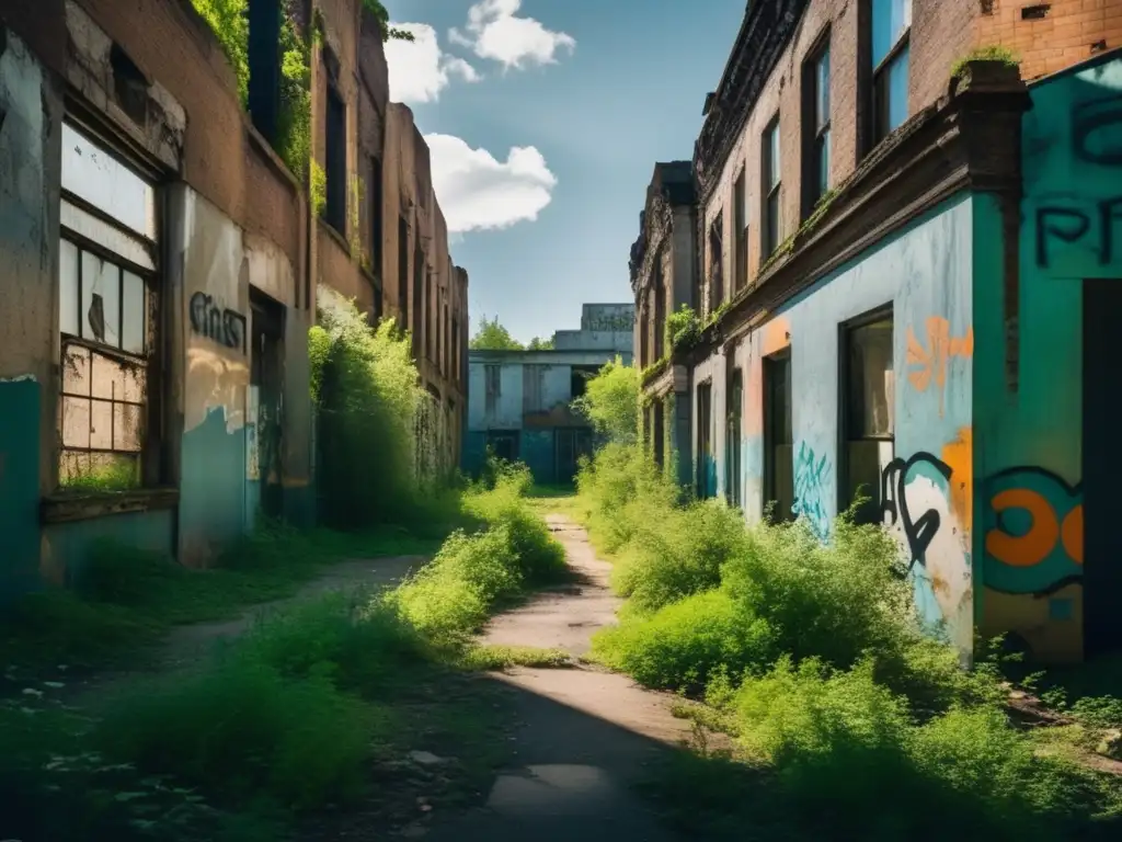 Una fotografía de alta resolución de una calle abandonada y cubierta de maleza en una ciudad en ruinas con paredes graffiteadas. La atmósfera inquietante de una ciudad fantasma se fusiona con la influencia de una novela gráfica, mientras la naturaleza reclama su lugar. El juego de luces