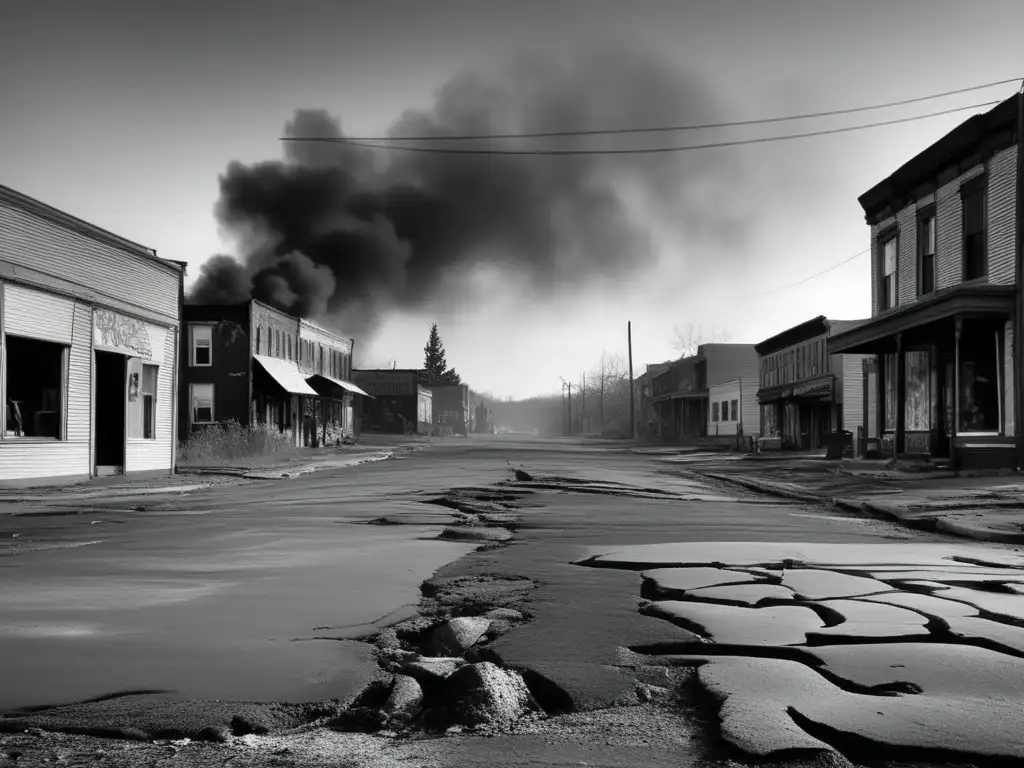 Una calle abandonada en Centralia, ciudad fantasma fuego eterno, con pavimento agrietado y edificios en ruinas cubiertos de graffiti.