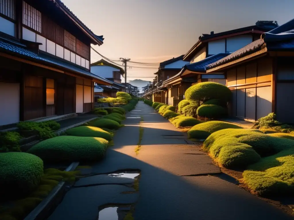 Una calle abandonada en la Zona Roja de Japón tras el tsunami de 2011. Edificios en ruinas y vegetación descontrolada crean una atmósfera desoladora y conmovedora.