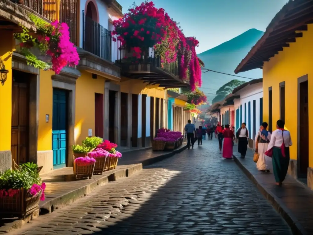 Una calle de adoquines en Antigua Guatemala, rodeada de coloridos edificios coloniales con balcones de madera y buganvilias. <b>El sol de la tarde crea una atmósfera cálida y acogedora, mientras personas en trajes mayas caminan con cestas de productos frescos.</b> Al fondo, se