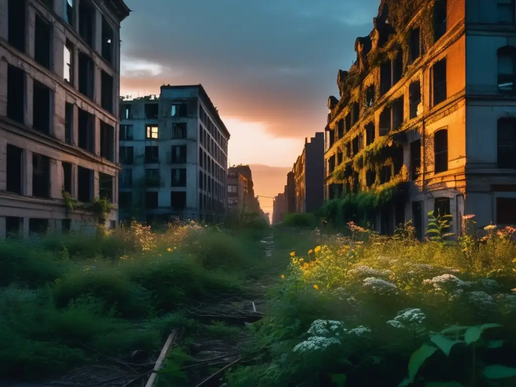 Un callejón abandonado al atardecer, con edificios en ruinas y una suave luz del sol filtrándose. Las plantas silvestres invaden el paisaje urbano, evocando la belleza fantasmal de tradiciones perdidas ciudades fantasma.