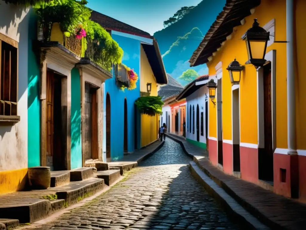 Un callejón empedrado de Antigua Guatemala, flanqueado por coloridos edificios coloniales y una figura maya, evoca la atmósfera de la ciudad fantasma.