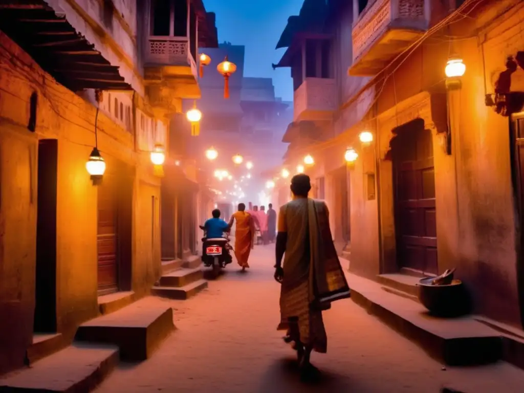 Un callejón estrecho en Varanasi, India, con edificios antiguos y desgastados. <b>Linternas iluminan el pasaje oscuro, creando patrones misteriosos en las paredes.</b> El humo de incienso se mezcla en el aire, añadiendo a la atmósfera