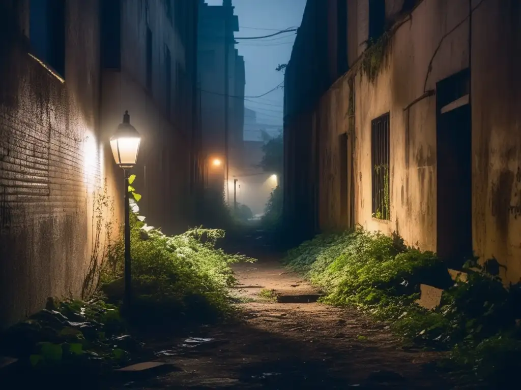 Un callejón estrecho y sombrío en un área urbana abandonada, con paredes cubiertas de graffiti y enredaderas. <b>La escena está envuelta en niebla, creando una atmósfera inquietante.</b> <b>Una solitaria farola proyecta una luz parpadeante, generando sombras