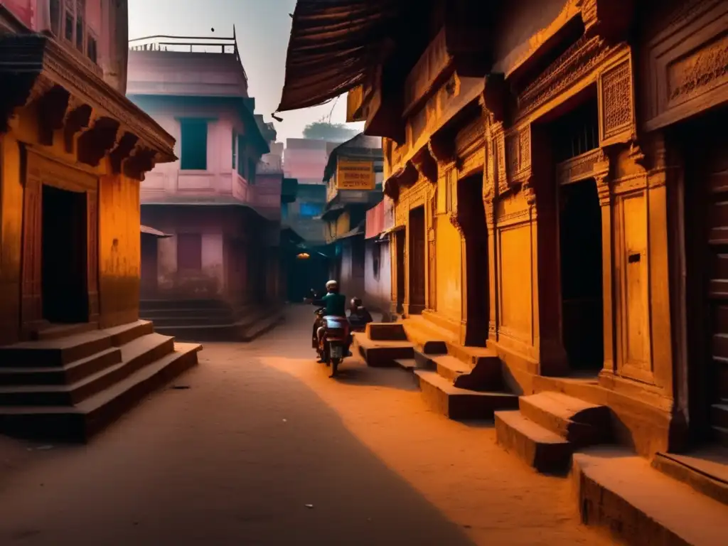 Un callejón sombrío de Varanasi, India. <b>Antiguas edificaciones con detalles arquitectónicos.</b> <b>Ciudad fantasma.