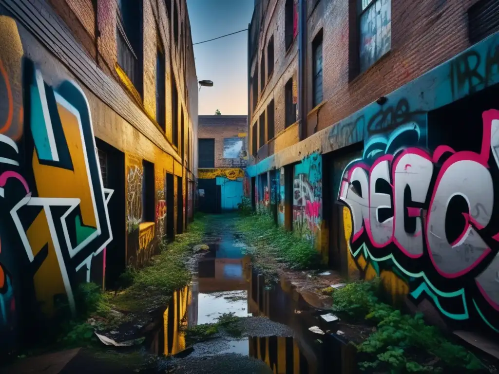 Un callejón urbano abandonado, cubierto de arte callejero en ciudades fantasma y enigmática belleza.