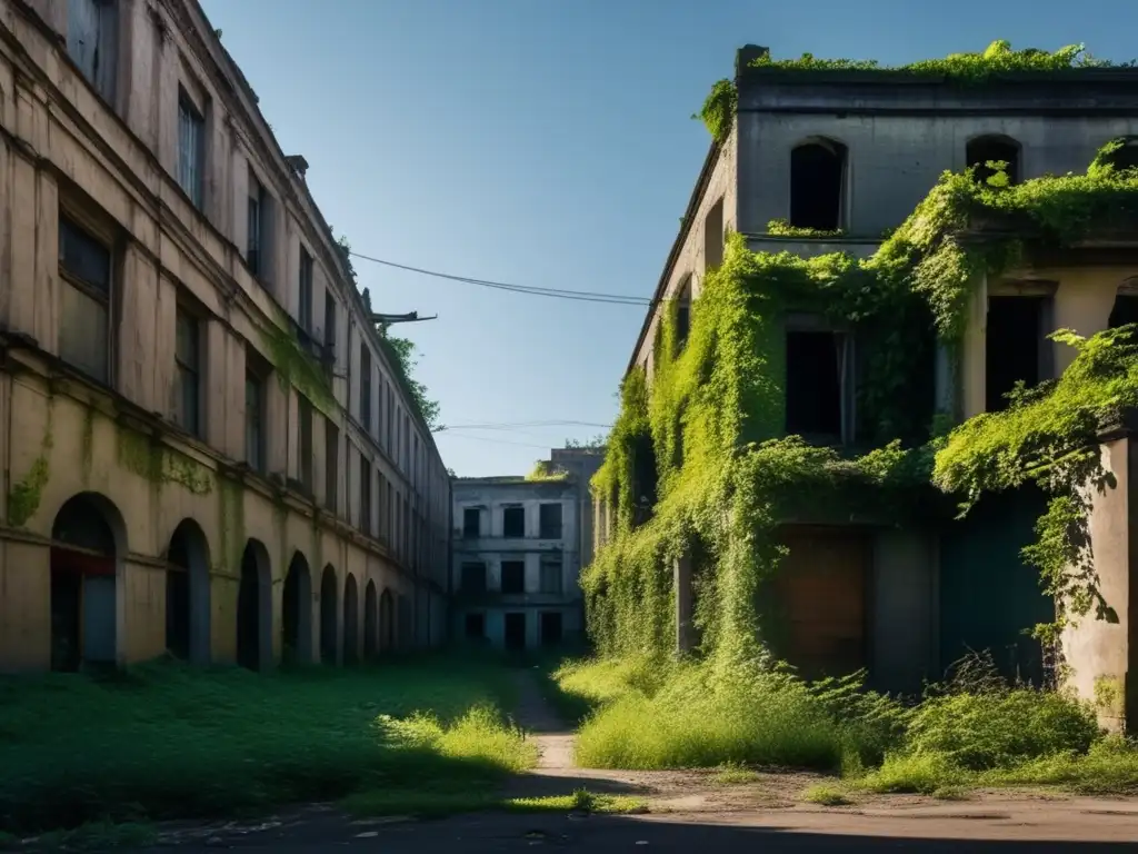 Un callejón urbano abandonado, invadido por la naturaleza, con edificios en ruinas y enredaderas. <b>Redescubriendo ciudades fantasma abandonadas.