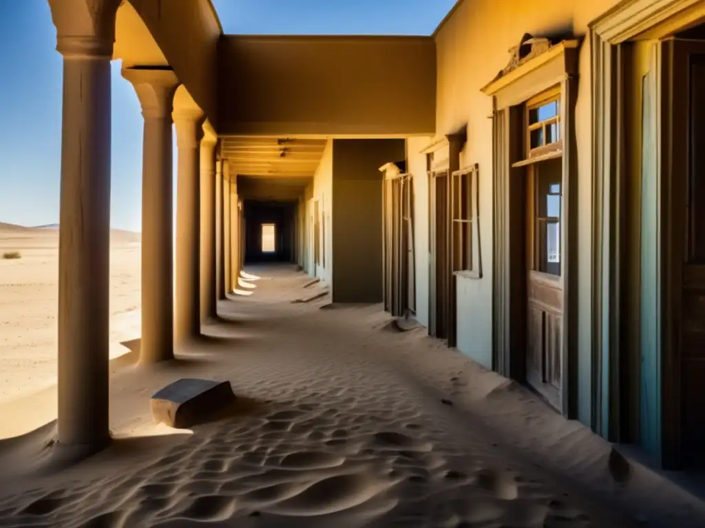 Las calles abandonadas y llenas de arena de Kolmanskop, revelan los secretos de la ciudad fantasma, con edificios en ruinas y restos de la próspera ciudad minera de diamantes siendo lentamente reclamados por el desierto.