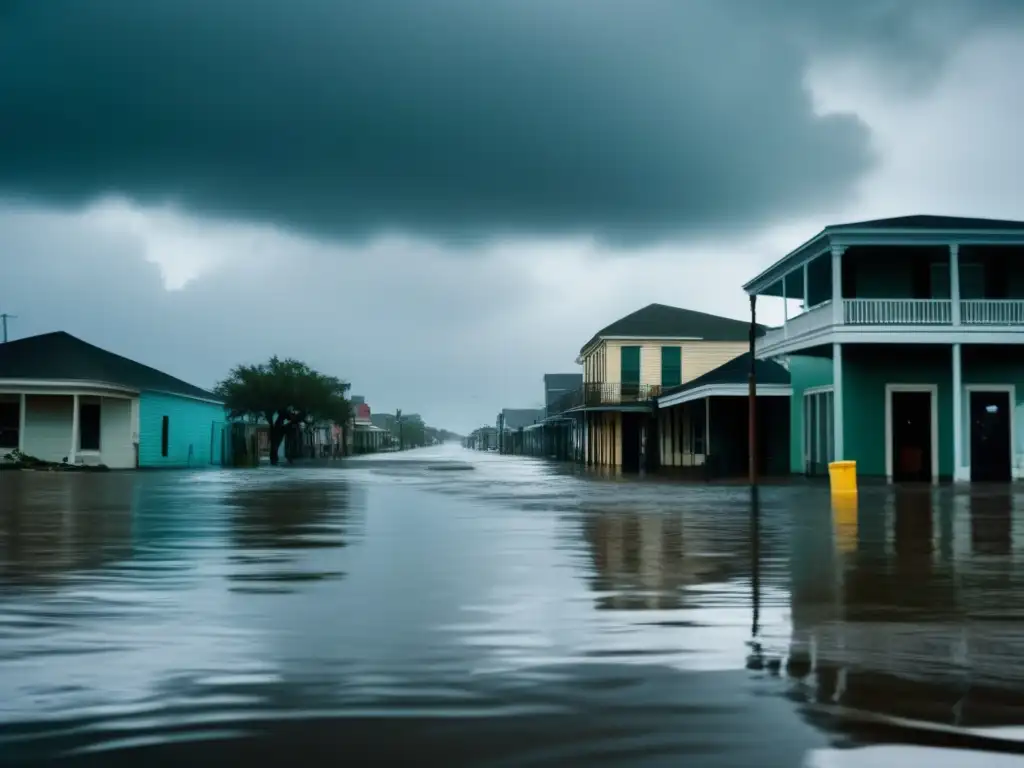 Desolación en las calles de Nueva Orleans tras el huracán Katrina. <b>Reflejo del cielo gris en el agua.</b> Impactante huella del huracán en la ciudad.