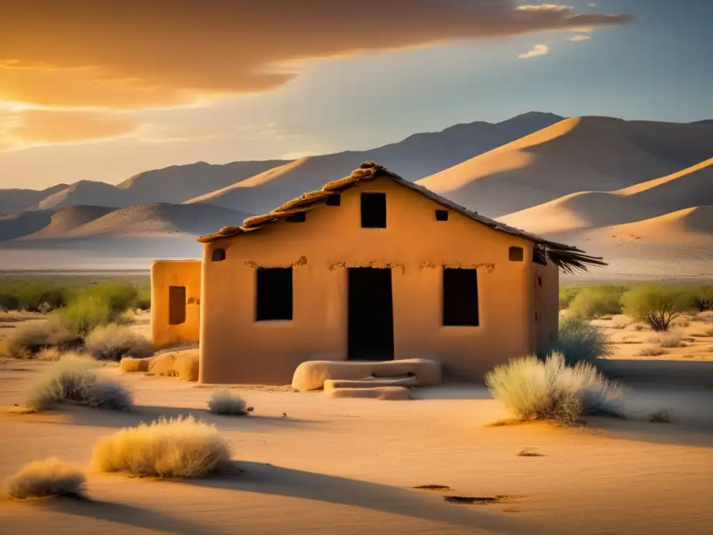 Una casa de adobe solitaria en un desierto desolado, con murales desgastados que muestran antiguas tradiciones en lugares deshabitados.