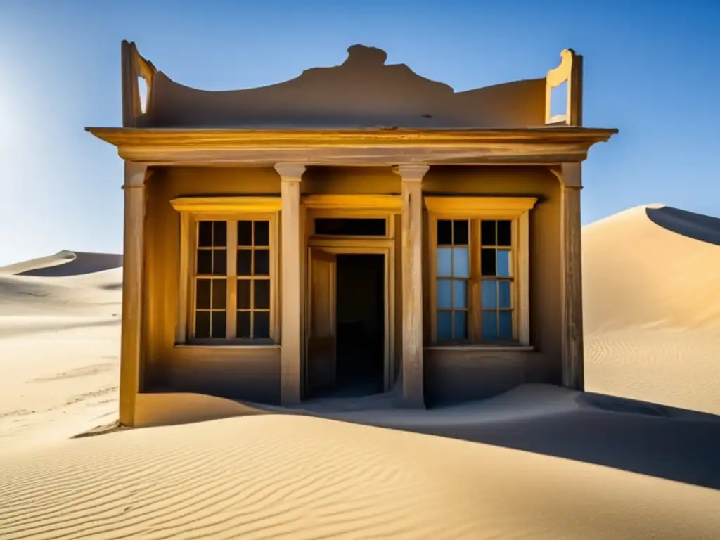 Explorando casas abandonadas Kolmanskop: un edificio abandonado bañado por el sol en medio de dunas de arena, revelando historias olvidadas.