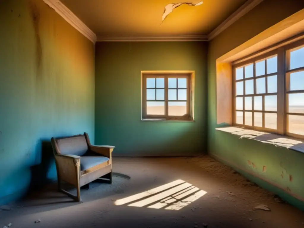 Explorando casas abandonadas Kolmanskop: Imagen detallada de una habitación deteriorada y bañada por el sol en una casa abandonada. <b>La pintura descascarada revela colores pasteles, mientras la luz solar crea patrones intrincados en el suelo polvoriento.</b> Un solitario y desgast