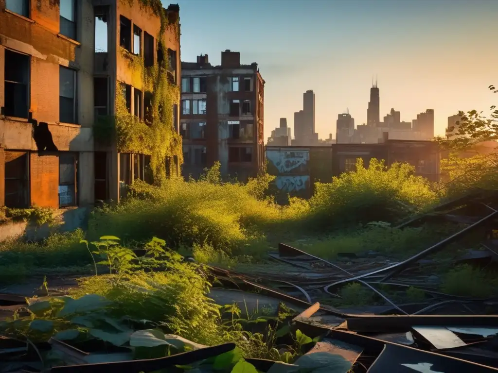 Una ciudad abandonada y cubierta por la naturaleza al atardecer, evocando la belleza desolada de los mitos ciudades fantasma abandonadas.