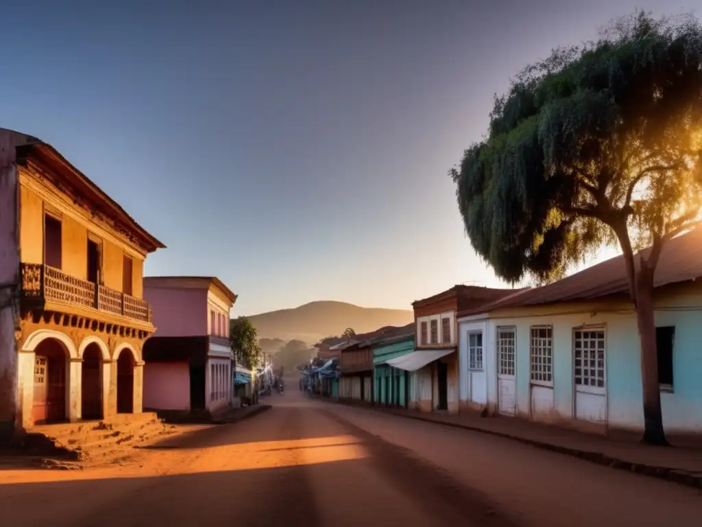 Desolación al atardecer: calles vacías de Antsirabe, Madagascar Antsirabe: ciudad fantasma abandonada con edificios coloniales en ruinas, calles desiertas y ambiente melancólico al atardecer.