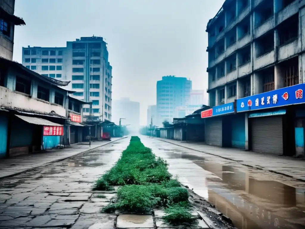 Una ciudad abandonada en Lanzhou New Area, con edificios desolados y calles desiertas. La atmósfera es sombría y desoladora.