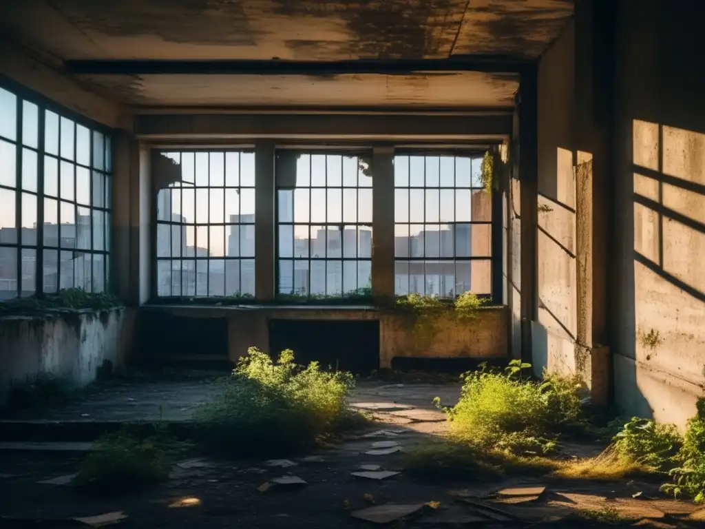 Una ciudad abandonada, con edificios en ruinas y vegetación invadiendo el paisaje urbano. <b>La luz del amanecer se filtra entre las ventanas rotas, creando sombras largas en el pavimento agrietado.</b> Una sensación de inquietante quietud impregna la escena, mientras la naturaleza recl