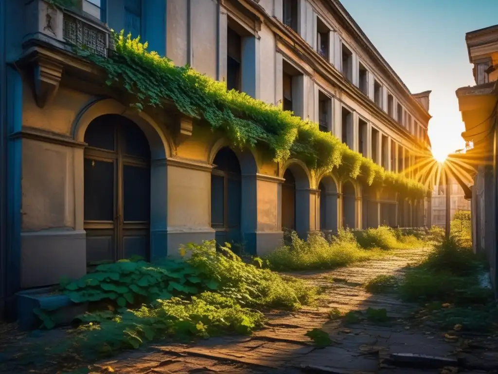 Una ciudad abandonada, envuelta por la naturaleza, bañada en luz dorada. <b>Reconstrucción virtual de ciudades abandonadas.