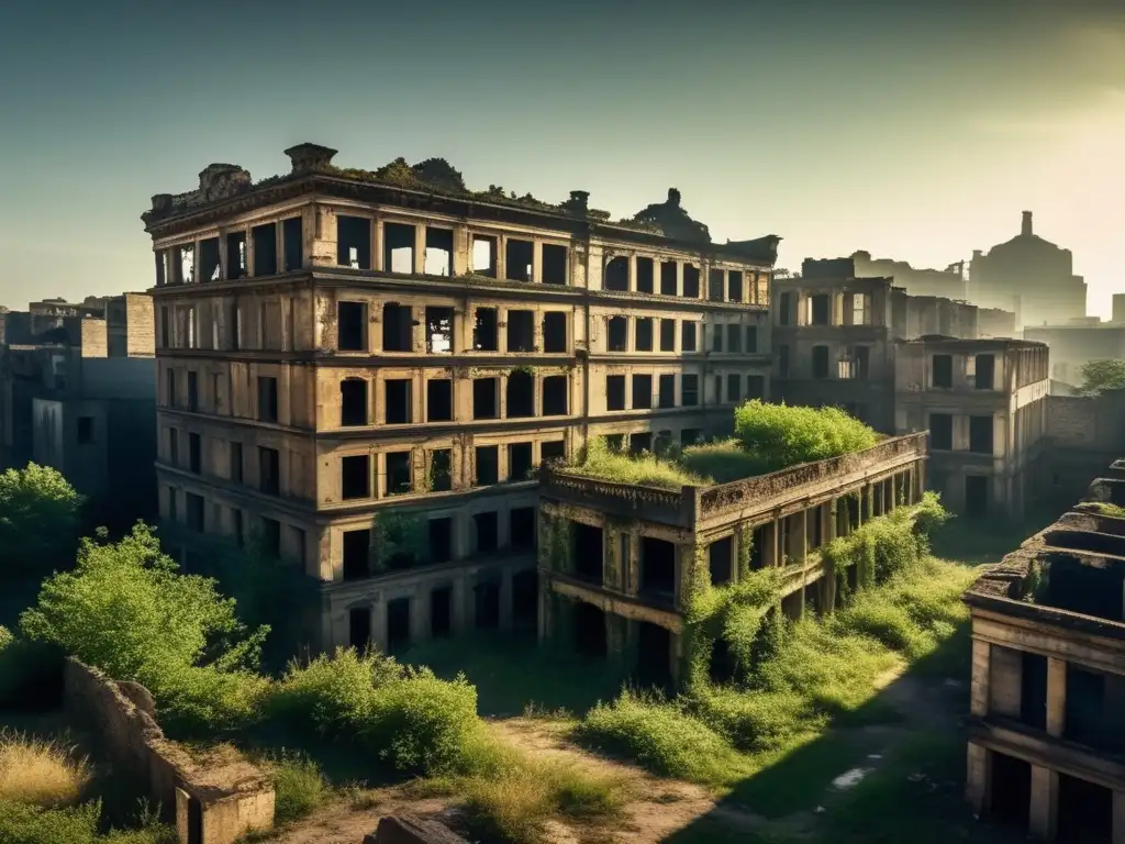 Una ciudad fantasma abandonada inspirada en el teatro, con edificios en ruinas y calles vacías, capturando la atmósfera desolada y misteriosa.