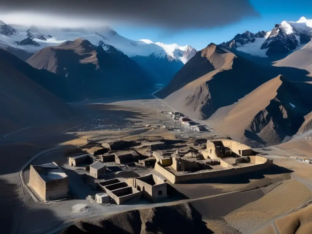 La ciudad abandonada de La Rinconada en Perú, con edificios en ruinas entre montañas y glaciares. <b>Captura la atmósfera desolada de la ciudad abandonada.