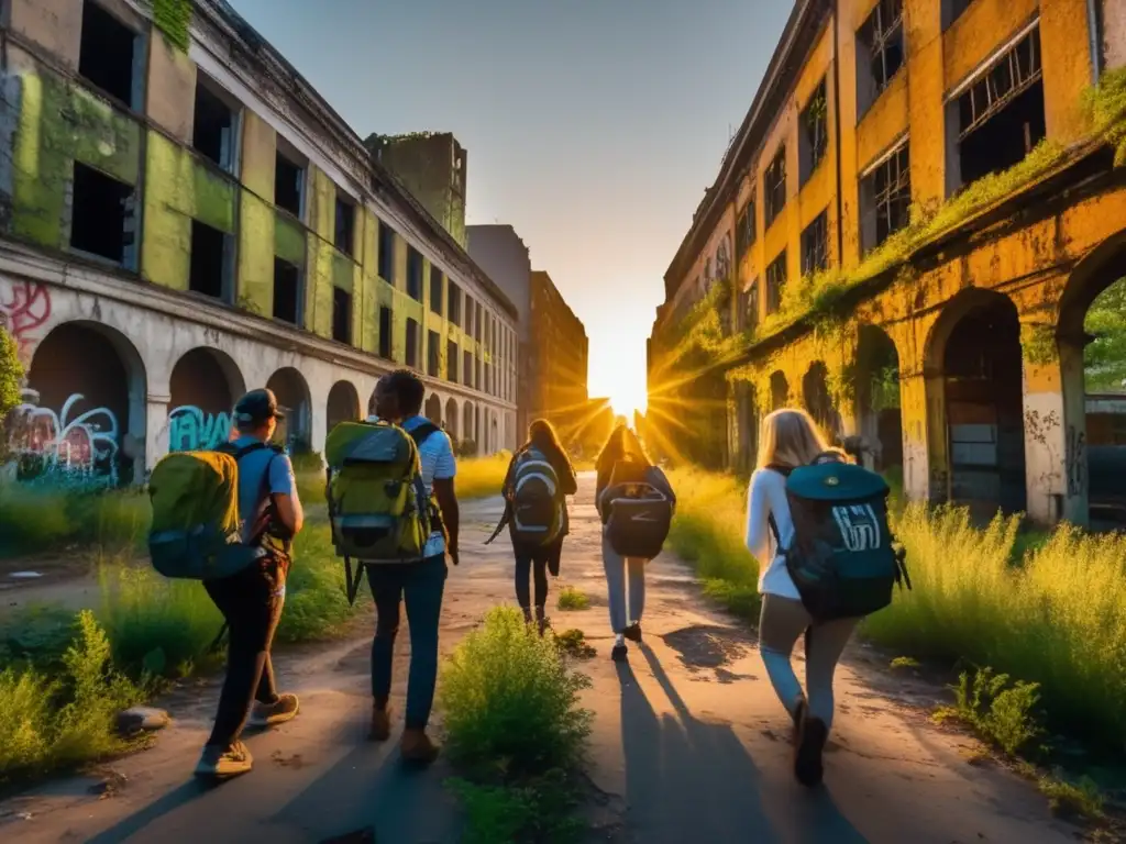 Explorando una ciudad fantasma al atardecer, turismo oscuro en un escenario postapocalíptico.