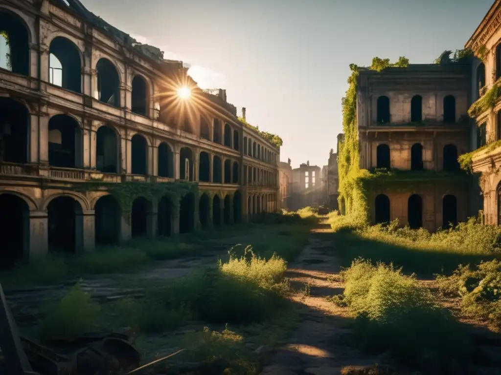 Una ciudad deshabitada de gran detalle en 8k con edificios en ruinas cubiertos de enredaderas, rodeados de vegetación. La luz del sol proyecta largas sombras en las calles vacías, creando una atmósfera de quietud inquietante. Herramientas de mapeo 3