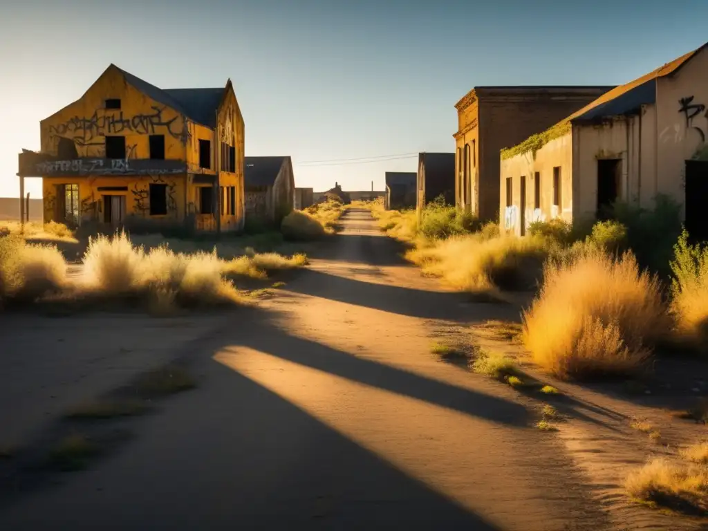 Inversión para revivir ciudad fantasma: Calle desierta con edificios abandonados, grafitis y vegetación, bañados por la luz dorada del atardecer.