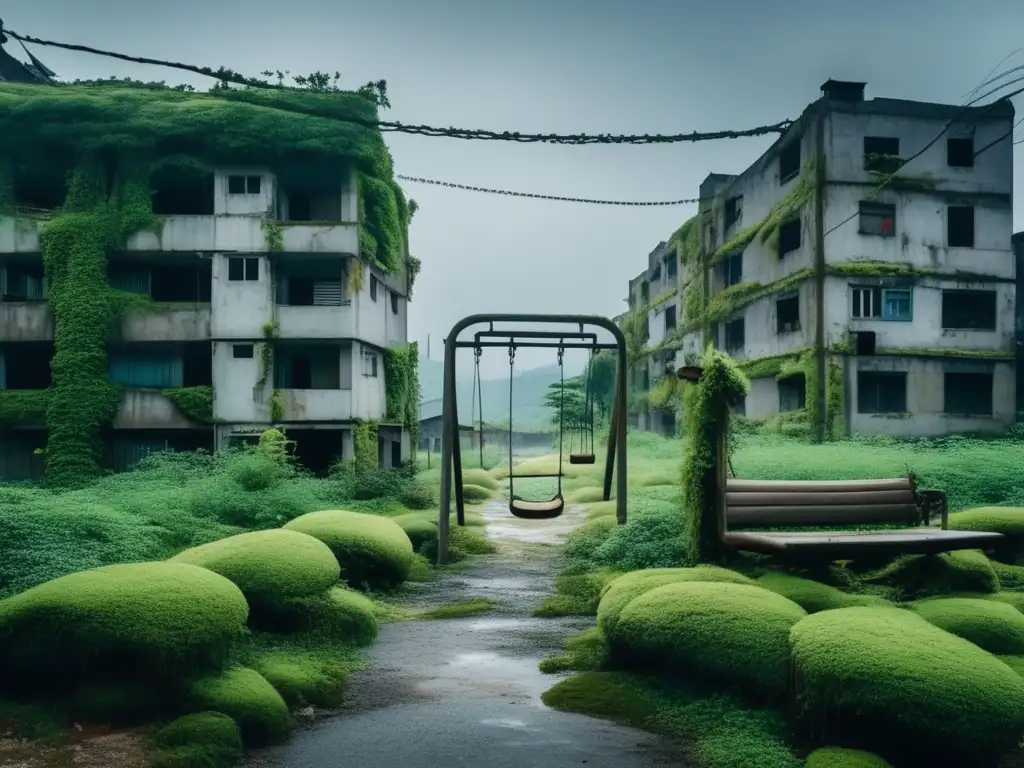 Una ciudad fantasma en Kijongdong, Corea, con edificios en ruinas cubiertos de musgo y enredaderas. <b>El ambiente desolado se acentúa con la ausencia de vida.</b> Un parque abandonado con columpios rotos y equipos oxidados, capturando la belleza inquietante de la ciudad