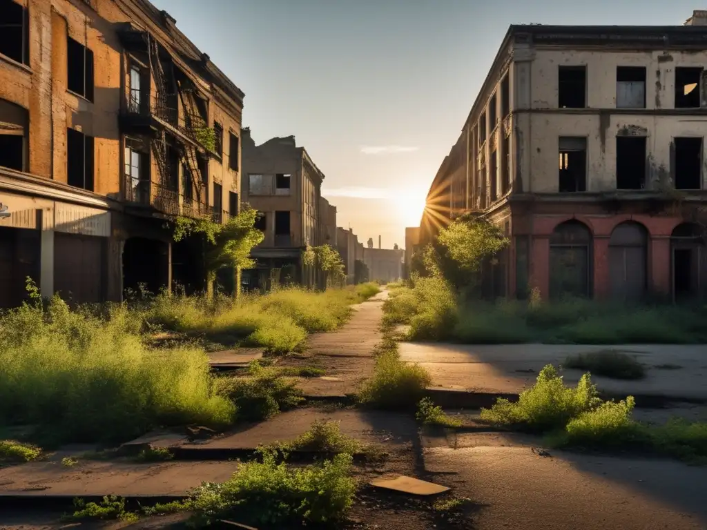 Una ciudad fantasma con edificios en ruinas y vegetación invadiendo el paisaje urbano. <b>La luz del atardecer crea sombras alargadas en las calles desiertas, transmitiendo misterio e intriga.</b> <b>¡Ideal para películas sobre ciudades fantasma!