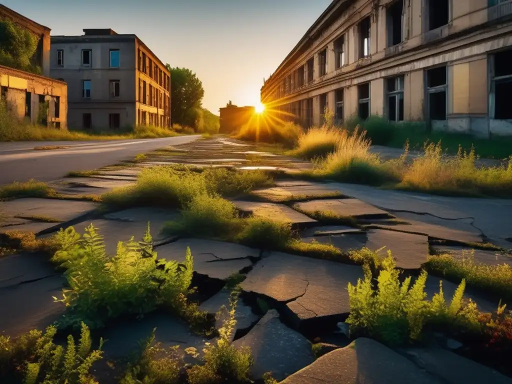 Fotografía de alta resolución de una ciudad fantasma, con edificios en ruinas, pavimento agrietado y vegetación desbordante bañada por la luz dorada del atardecer. Inspira a artistas contemporáneos con su belleza melancólica y texturas detalladas.