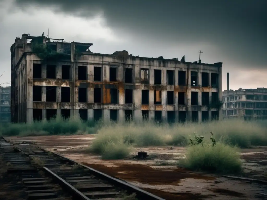 Una ciudad fantasma abandonada, con edificios en ruinas y naturaleza reclamando su espacio. Documentación ciudades fantasma mapeo 3D