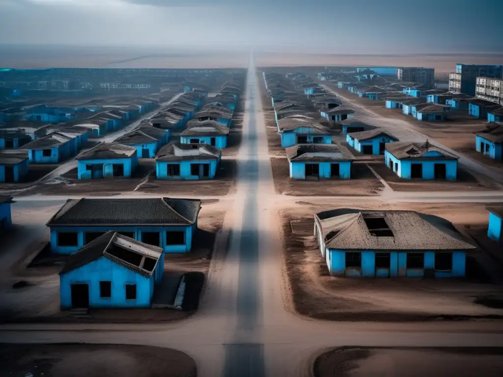 Explorando la ciudad fantasma de Ordos, Mongolia: imagen de calles abandonadas y edificios en ruinas, con un ambiente desolador y misterioso.