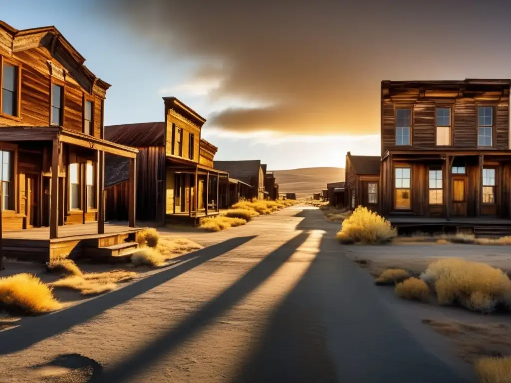 La ciudad fantasma de Bodie, California, se muestra en la imagen con sus edificios desolados y la luz dorada del atardecer, creando una atmósfera nostálgica y misteriosa.