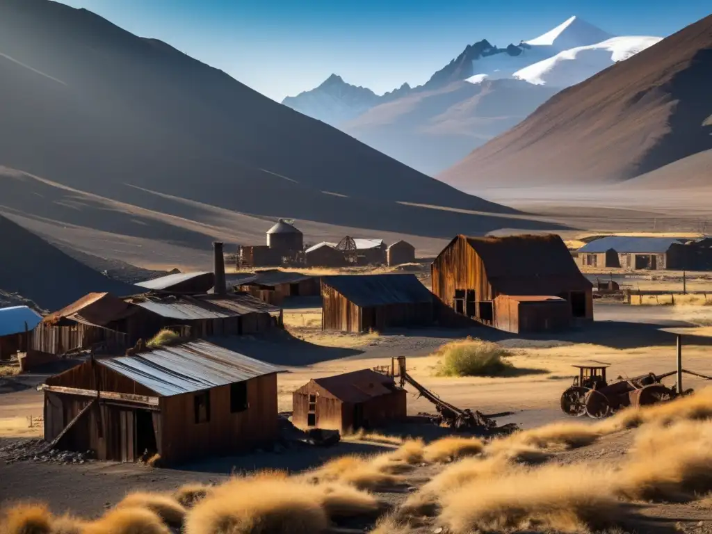 Una ciudad minera abandonada en Chile, con edificios en ruinas, equipo minero oxidado y montañas envueltas en niebla.