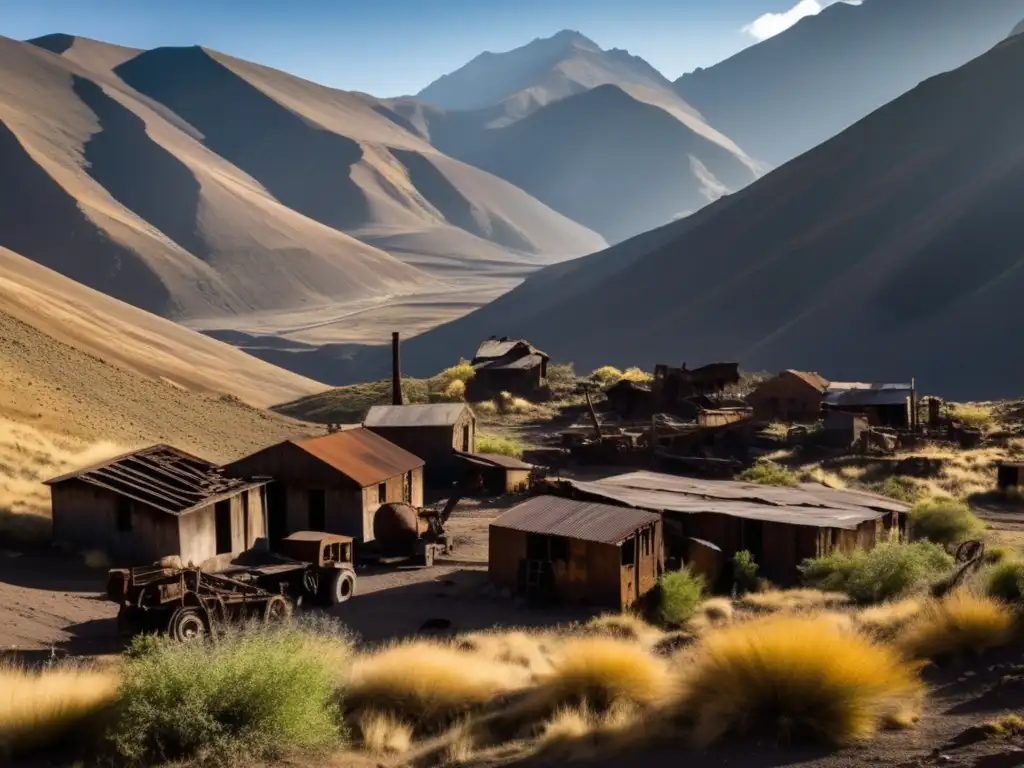 Una ciudad minera andina abandonada, con edificios en ruinas y paisaje montañoso. <b>Equipos mineros oxidados entre vegetación.