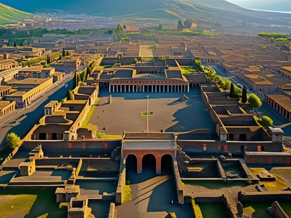 Descubriendo la ciudad perdida de Pompeya: una vista aérea de las ruinas antiguas con sus calles, edificios y vida cotidiana.