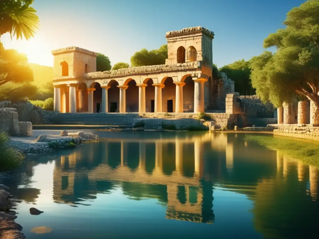 La ciudad fantasma de Butrint, Albania, revela ruinas antiguas bañadas en luz dorada, con detalles arquitectónicos y un paisaje sereno.