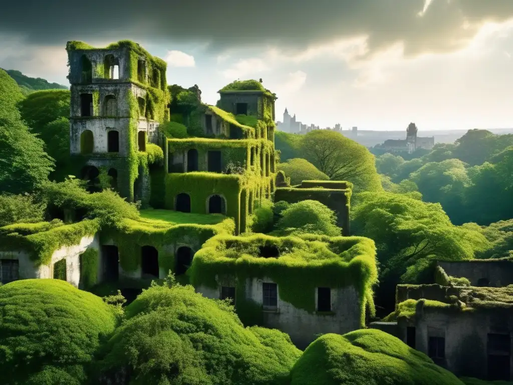 La fotografía muestra una ciudad en ruinas y cubierta de vegetación, simbolizando la preservación en ciudades olvidadas.