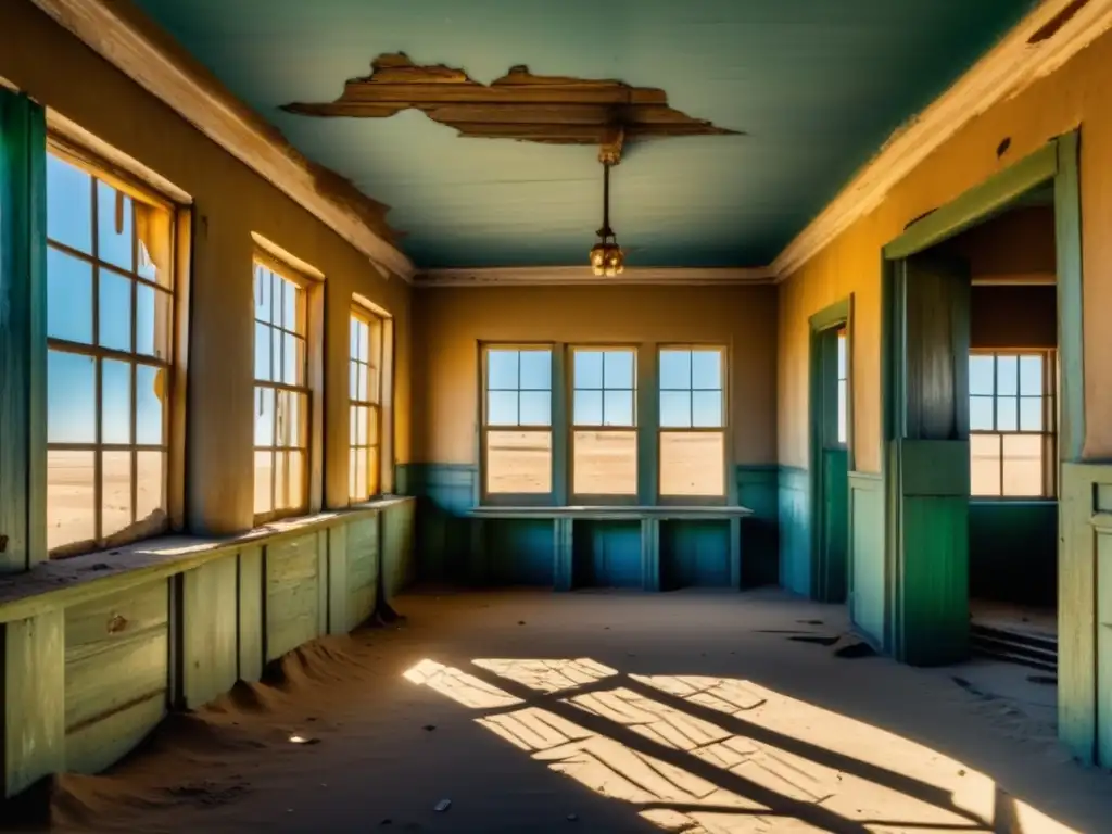 La ciudad fantasma de Kolmanskop revela secretos en su decadente arquitectura colonial, con luz solar filtrándose entre ventanas rotas.