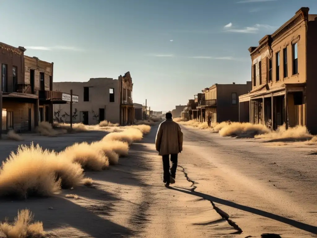 En una ciudad fantasma, un solitario figura se alza entre edificios abandonados y polvorientos. <b>Coberturas periodismo ciudades fantasma.