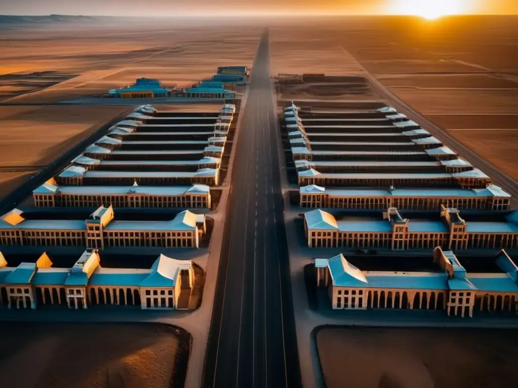 Explorando ciudad fantasma Ordos Mongolia: Vista aérea de calles y edificios abandonados con la luz del atardecer, una belleza desoladora.