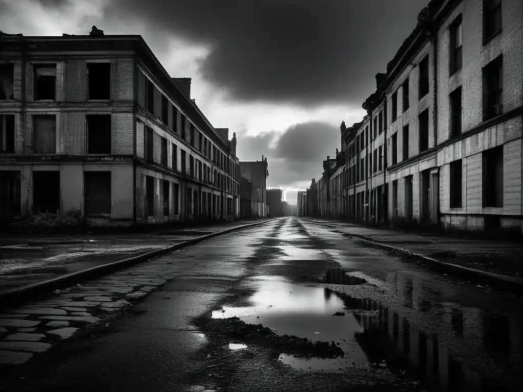 Una fotografía en ciudades fantasma abandonadas, muestra la desolación de calles y edificios en blanco y negro bajo un cielo nublado.